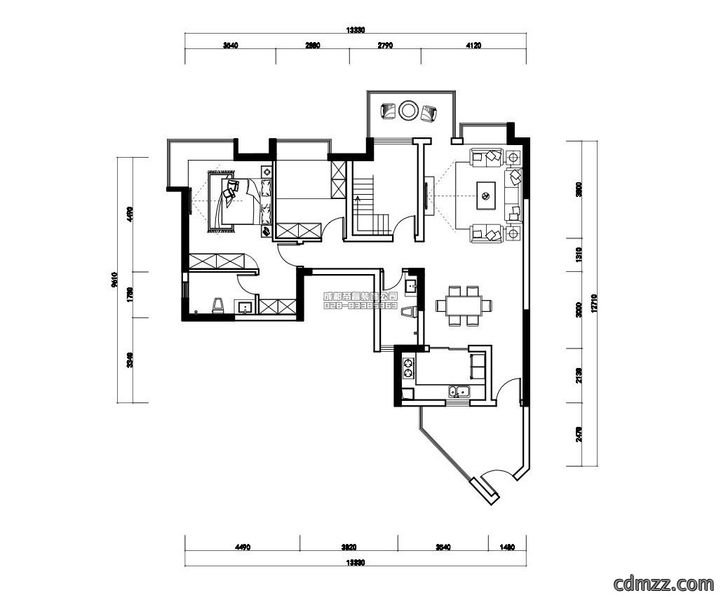 简欧套三住宅家具布置平面设计图